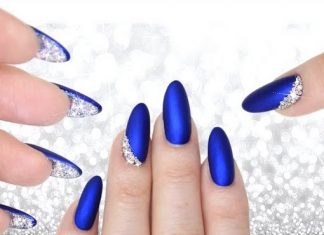 LUXE MATTE BLUE NAILS WITH CRYSTALS (Velvet & Diamond Double Sided Mani ) matte blue nails with crystals underneath